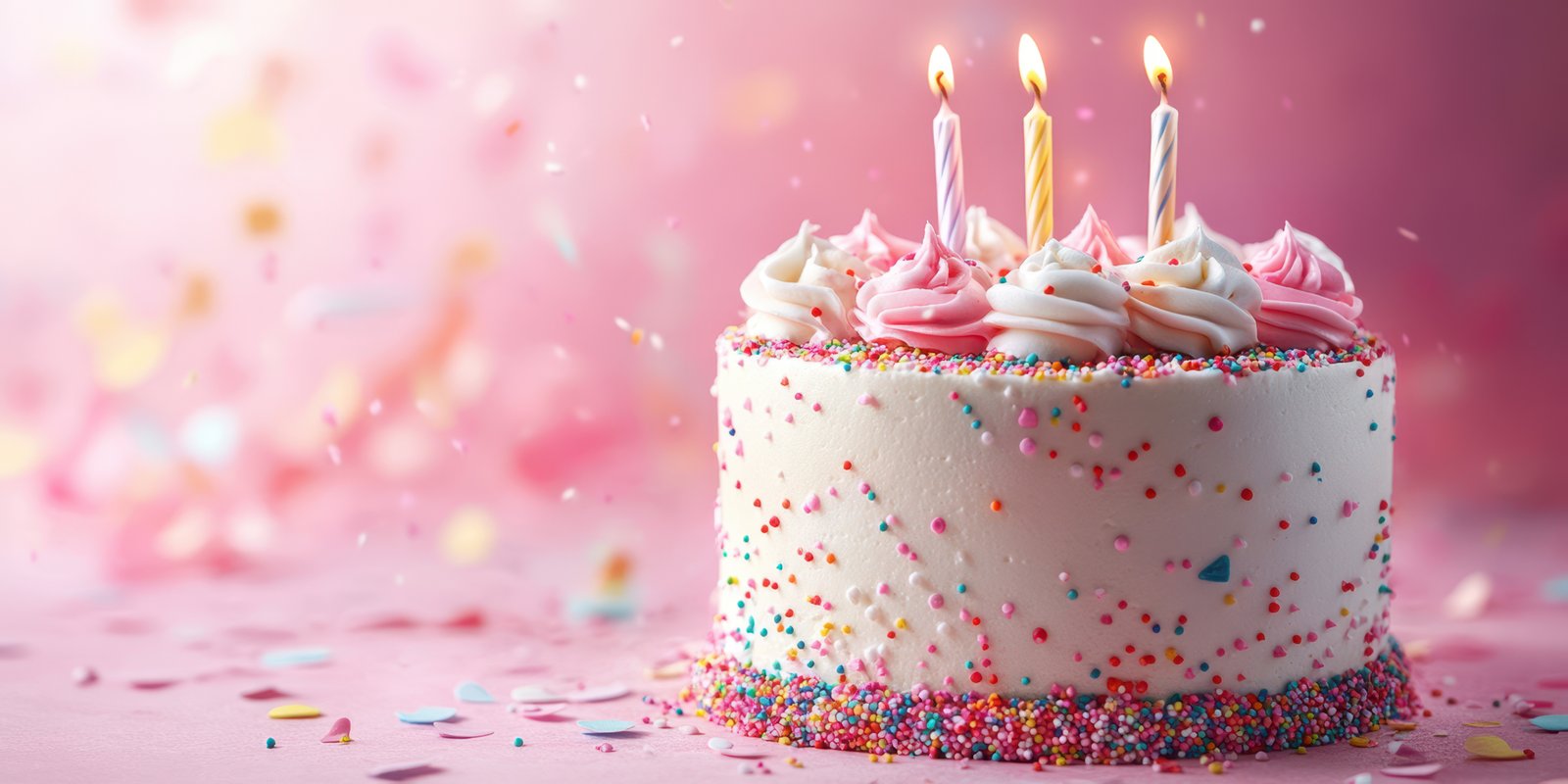 Colorful birthday cake with three candles and sprinkles set against a festive background